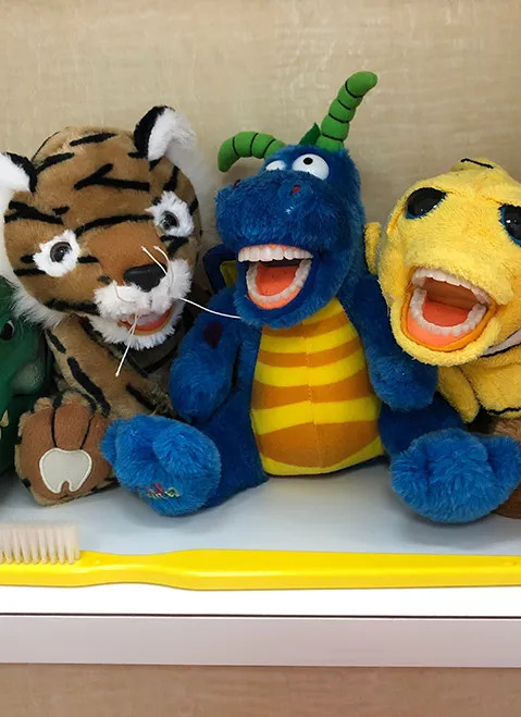 three stuffed animals and an oversized toothbrush